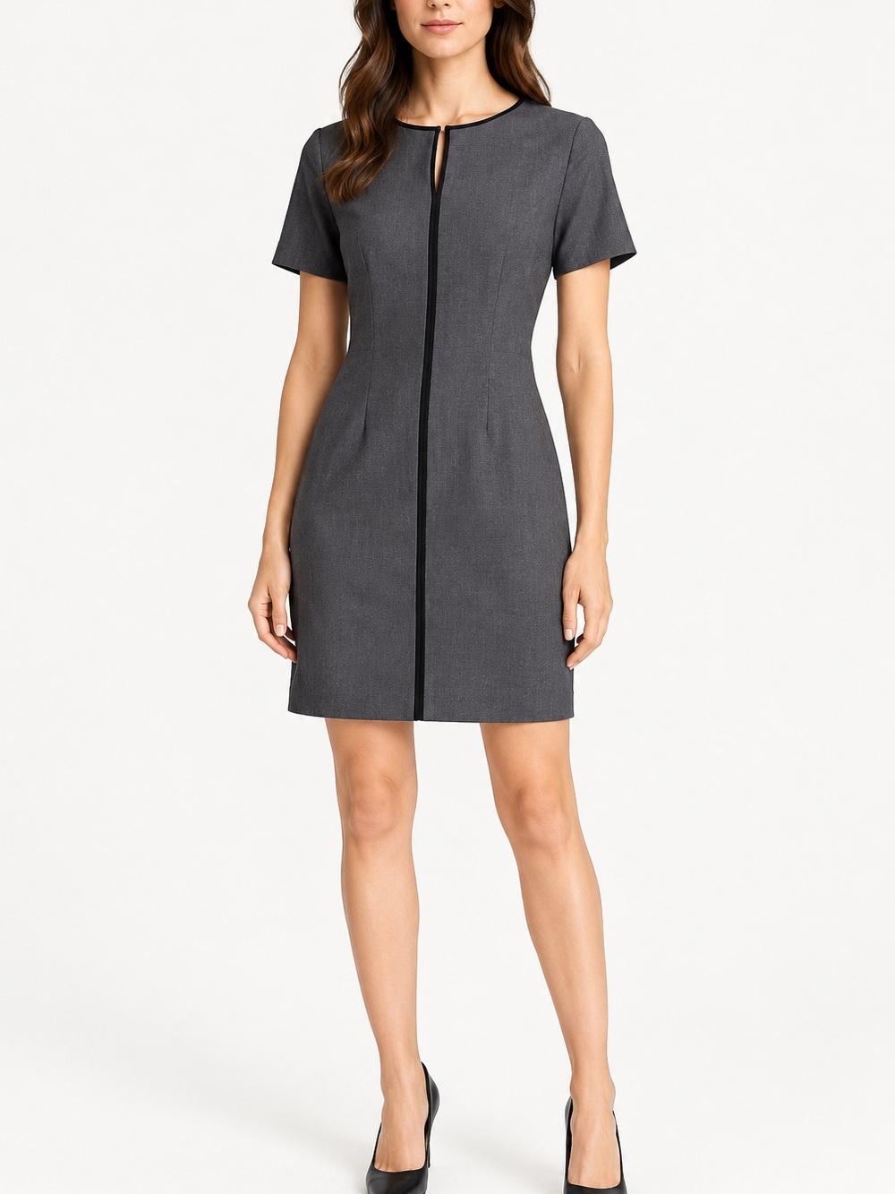 Tahari Charcoal Gray Sheath Black Trim Zip Short Sleeve NWT Capsule Business